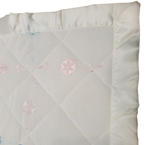 Vintage Other - Vintage White Quilted Floral Embroidered Baby Comforter Blanket Satin Trim 48x35